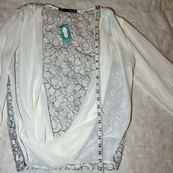 NWT Maurices White Chiffon Drape Front Blouse Lace Back Long Sleeve Size Small - Picture 8 of 9